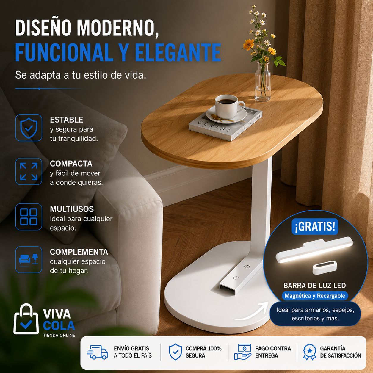 ☕🏡 MESA AUXILIAR PREMIUM  ✨ Todo lo que necesitas al alcance de tu mano  🎁 Recibe GRATIS una Barra de Luz LED Magnética