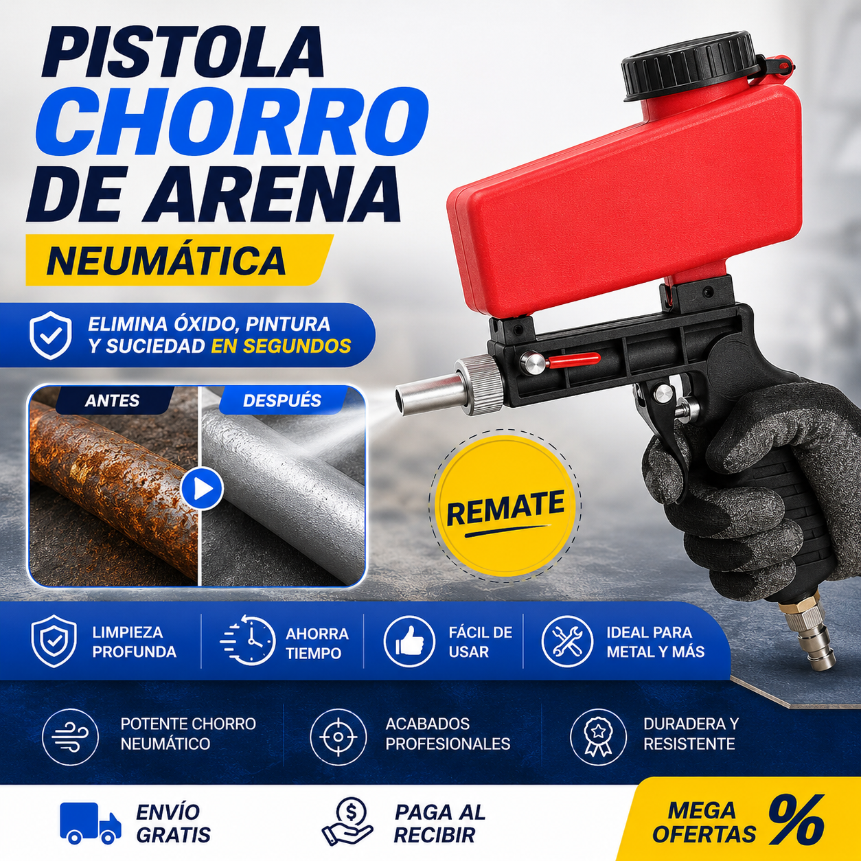 🔥 LIQUIDACIÓN DE STOCK PROMO: PISTOLA CHORRO DE ARENA NEUMÁTICA