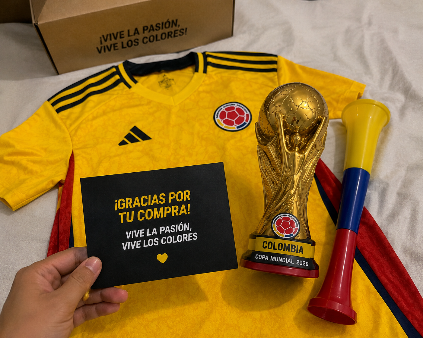 Combo del Hincha Colombia 2026 | 👕 Camiseta + 📣 Bubucela + 🏆 Alcancía Mundial