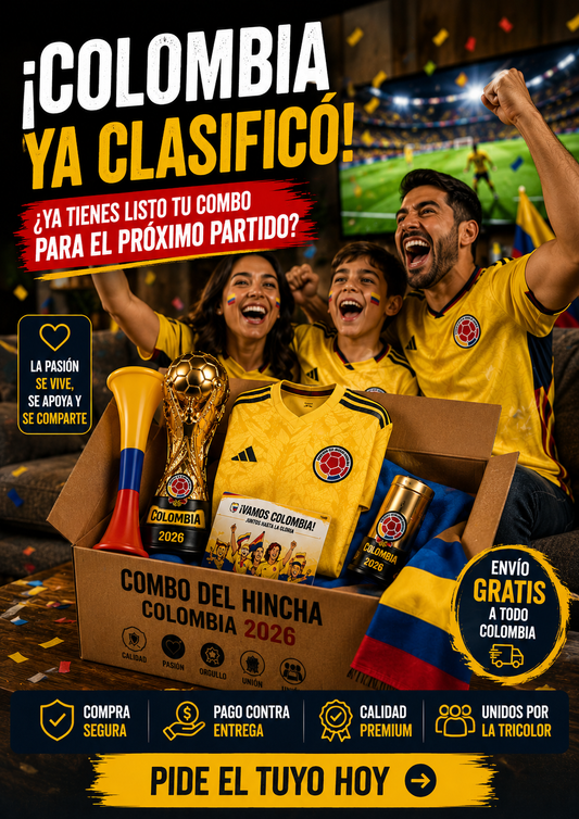 Combo del Hincha Colombia 2026 | 👕 Camiseta + 📣 Bubucela + 🏆 Alcancía Mundial