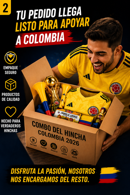 Combo del Hincha Colombia 2026 | 👕 Camiseta + 📣 Bubucela + 🏆 Alcancía Mundial