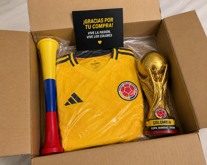 Combo del Hincha Colombia 2026 | 👕 Camiseta + 📣 Bubucela + 🏆 Alcancía Mundial